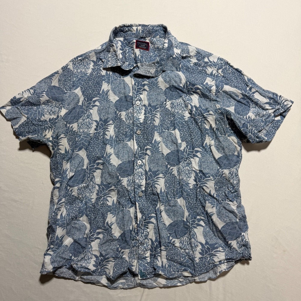 UNTUCKit Yoti Mens XL Blue Pineapple Print Linen Blend Short Sleeve Shirt 40533